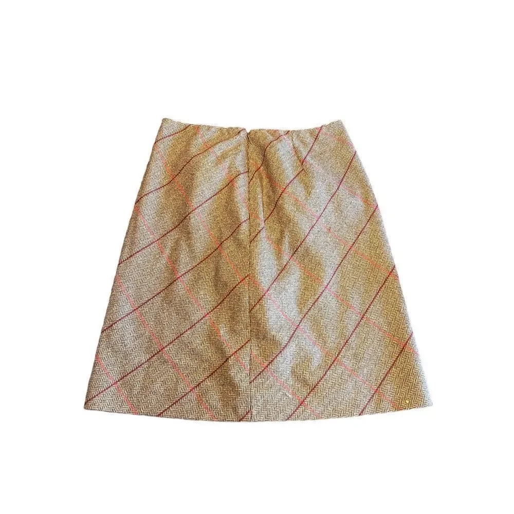 Ann Taylor loft wool blend brown cranberry plaid lined pencil skirt 2P